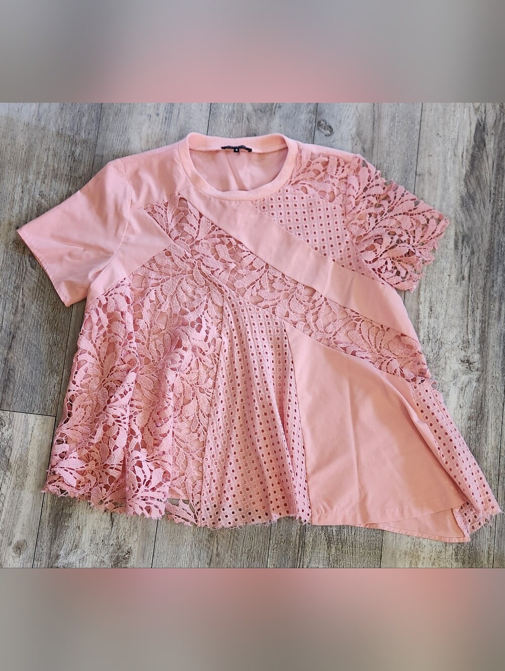 CqbyCq Pink Mixed Lace & Eyelet Short Sleeve Top